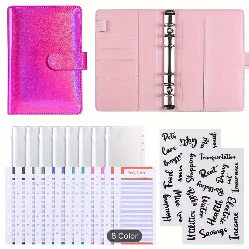 A6 Budget Binder Cash Stuffing System Holographic Rose Red 6 Ring Planner Set